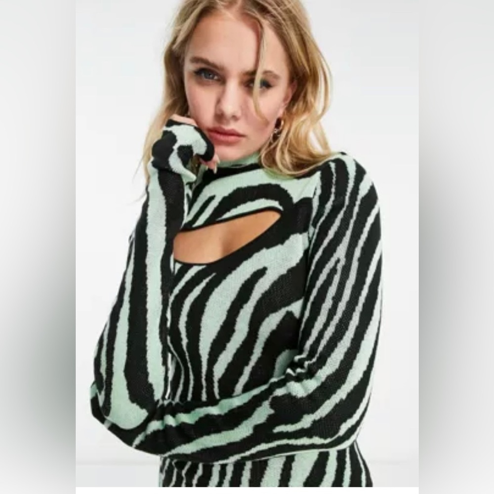ASOS DESIGN knit mini dress with cut out in zebra print in green